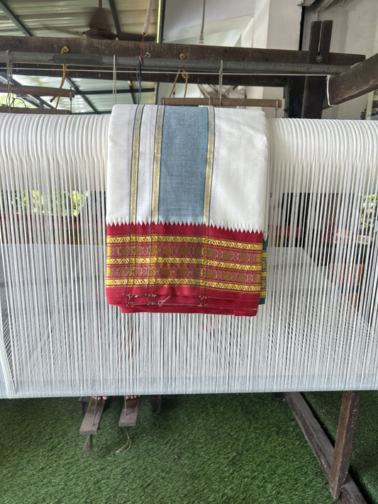 Panchakacham Dhoti - 20% Discount! Kaitharikada Balaramapuram Cotton Mix - Off White - (Unbleached) 80X90 thread - North Iindian- Attached Gamcha - 9x5 Dhoti - 3.25 inch Gold Kasav Green shaded kara - 27 KK8305 PMC