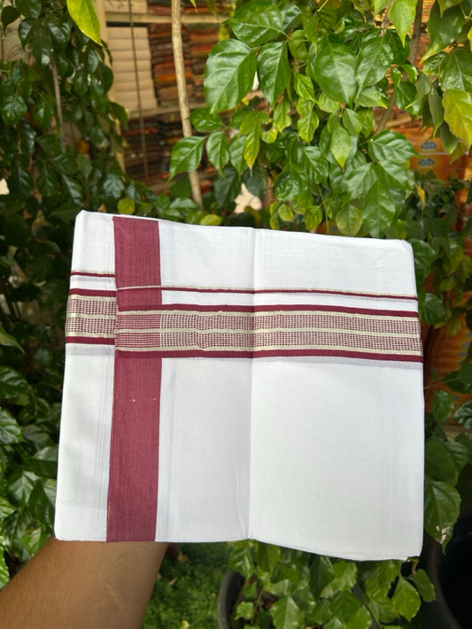 Pure White Double 20% Discount! KaithariKada 100% Cotton Pure Cotton Double Mundu / Dhoti - 100x80 - 1.5 inch Maroon Jacquard Silver Kasav Kara 3.80 meter (8 muzham) - 100 KK5220 THI