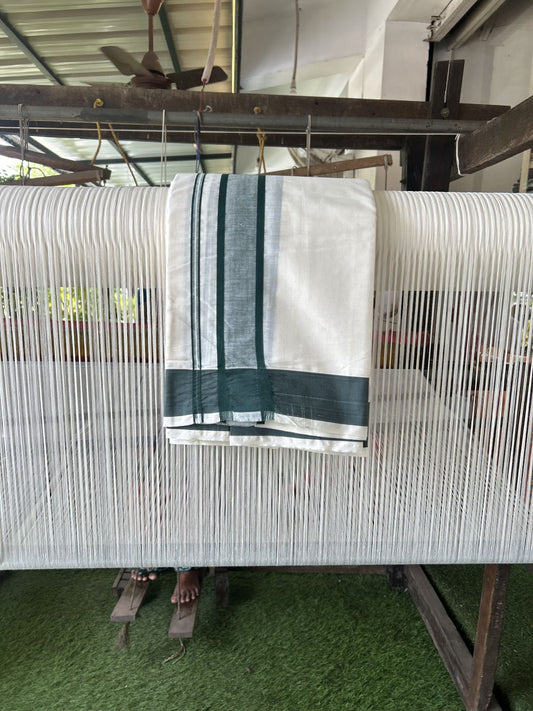 Panchakacham Dhoti - 20% Discount! Kaitharikada Balaramapuram Cotton Mix - Off White - (Unbleached) 80X90 thread - North Iindian- Attached Gamcha - 9x5 Dhoti - 2 inch Dark Green shaded kara - 28 KK8305 PMC