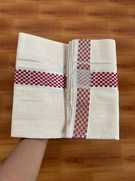 Double Mundu/Dhoti - KaithariKada Handloom Unakkupaav - 25% Discount! Kerala Handloom - Pure Cotton - 100x80 - Light Sand Brown Colour Body - 1.75 inch Silver Kasav Maroon Jacquard Kara - 5 KK5394 ABH