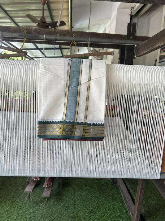 Panchakacham Dhoti - 20% Discount! Kaitharikada Balaramapuram Cotton Mix - Off White - (Unbleached) 80X90 thread - North Iindian- Attached Gamcha - 9x5 Dhoti - 2 inch Gold kasav Dark Green shaded kara - 29 KK8305 PMC