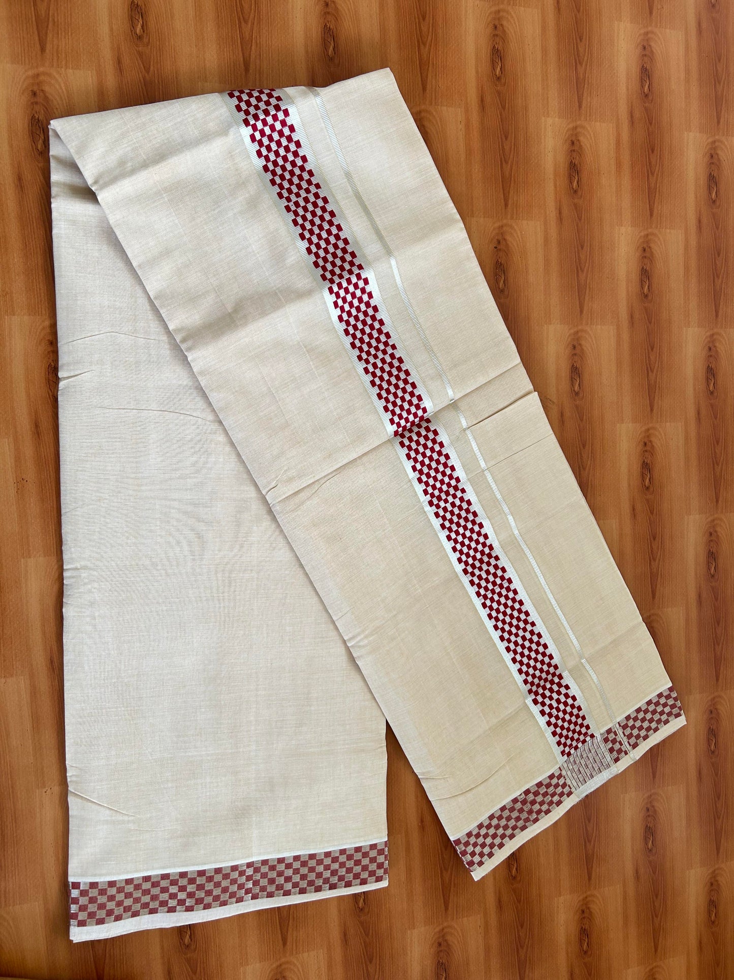 Double Mundu/Dhoti - KaithariKada Handloom Unakkupaav - 25% Discount! Kerala Handloom - Pure Cotton - 100x80 - Light Sand Brown Colour Body - 1.75 inch Silver Kasav Maroon Jacquard Kara - 5 KK5394 ABH