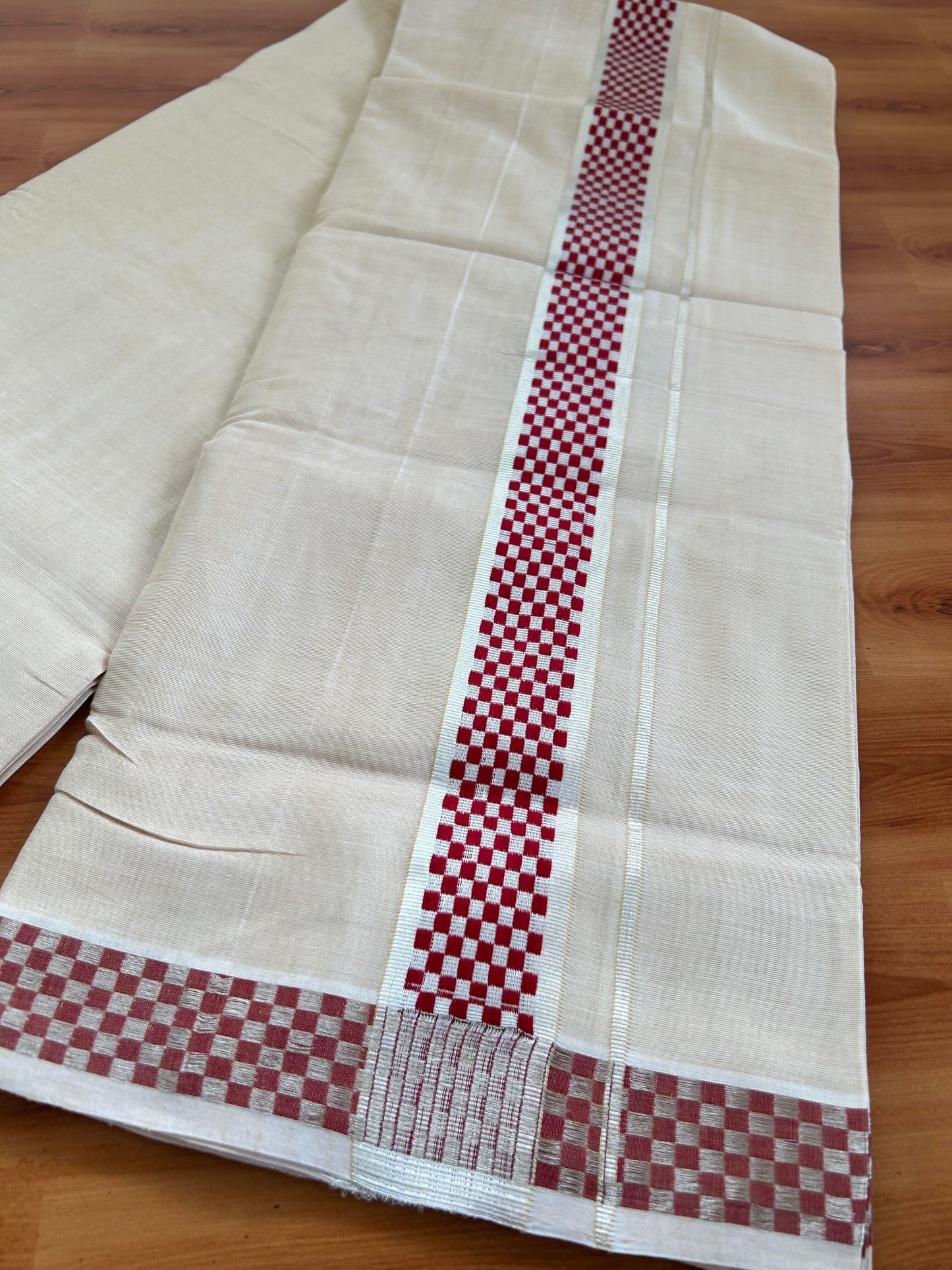 Double Mundu/Dhoti - KaithariKada Handloom Unakkupaav - 25% Discount! Kerala Handloom - Pure Cotton - 100x80 - Light Sand Brown Colour Body - 1.75 inch Silver Kasav Maroon Jacquard Kara - 5 KK5394 ABH