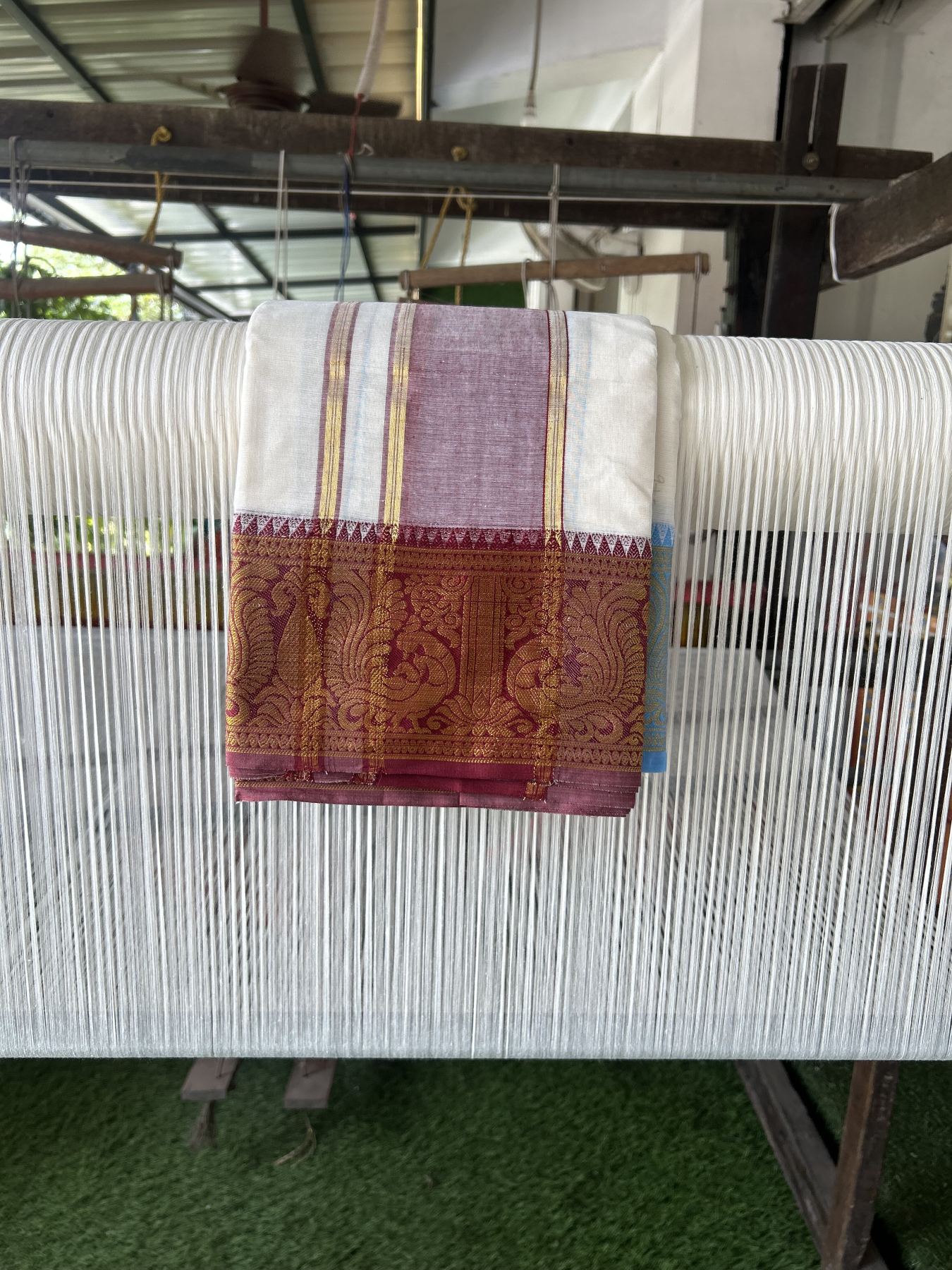 Panchakacham Dhoti - 20% Discount! Kaitharikada Balaramapuram Cotton Mix - Off White - (Unbleached) 80X90 thread - North Iindian- Attached Gamcha - 9x5 Dhoti - 4 inch Gold Kasav Maroon shaded kara - 31 KK8305 PMC