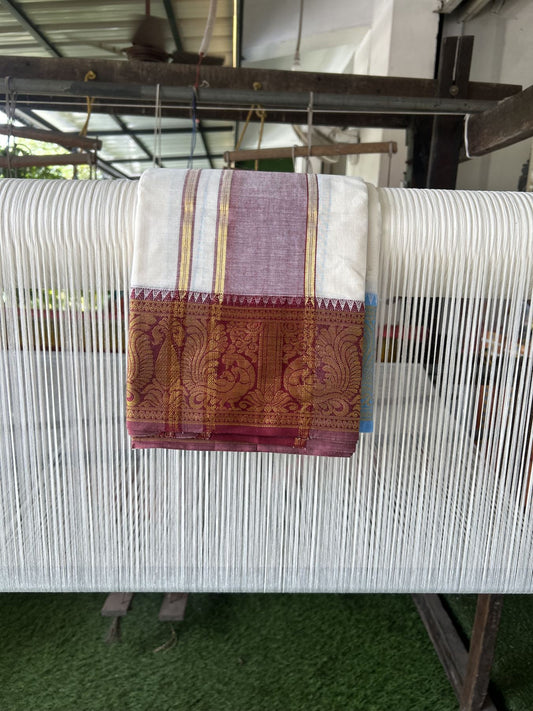 Panchakacham Dhoti - 20% Discount! Kaitharikada Balaramapuram Cotton Mix - Off White - (Unbleached) 80X90 thread - North Iindian- Attached Gamcha - 9x5 Dhoti - 4 inch Gold Kasav Maroon shaded kara - 31 KK8305 PMC