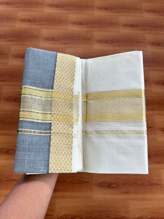Double Mundu/Dhoti - Off White (Unbleached) - KaithariKada Handloom Unakkupaav - 25% Discount! Kerala Handloom - Pure Cotton - 100x80 - 2.5 inch Light Kasav Designer Kara with Ash Black One side Big Border -  6 KK5394 ABH