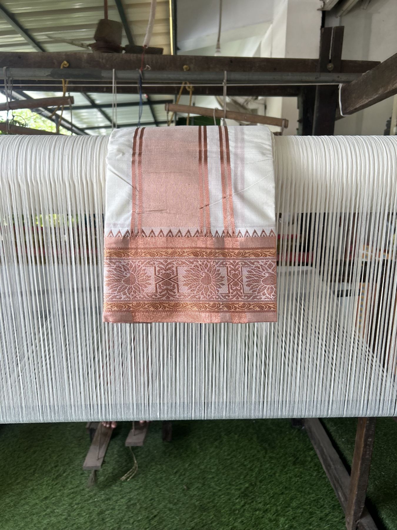 Panchakacham Dhoti - 20% Discount! Kaitharikada Balaramapuram Cotton Mix - Off White - (Unbleached) 80X90 thread - North Iindian- Attached Gamcha - 9x5 Dhoti - 4 inch Copper kasav shaded kara - 30 KK8305 PMC