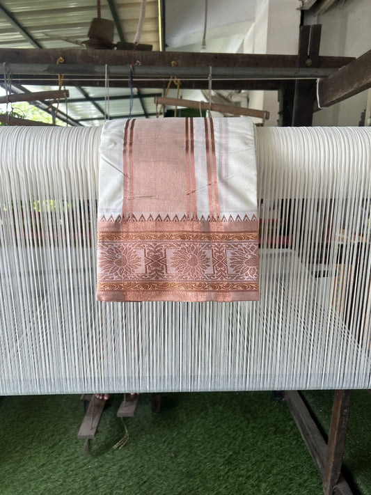 Panchakacham Dhoti - 20% Discount! Kaitharikada Balaramapuram Cotton Mix - Off White - (Unbleached) 80X90 thread - North Iindian- Attached Gamcha - 9x5 Dhoti - 4 inch Copper kasav shaded kara - 30 KK8305 PMC