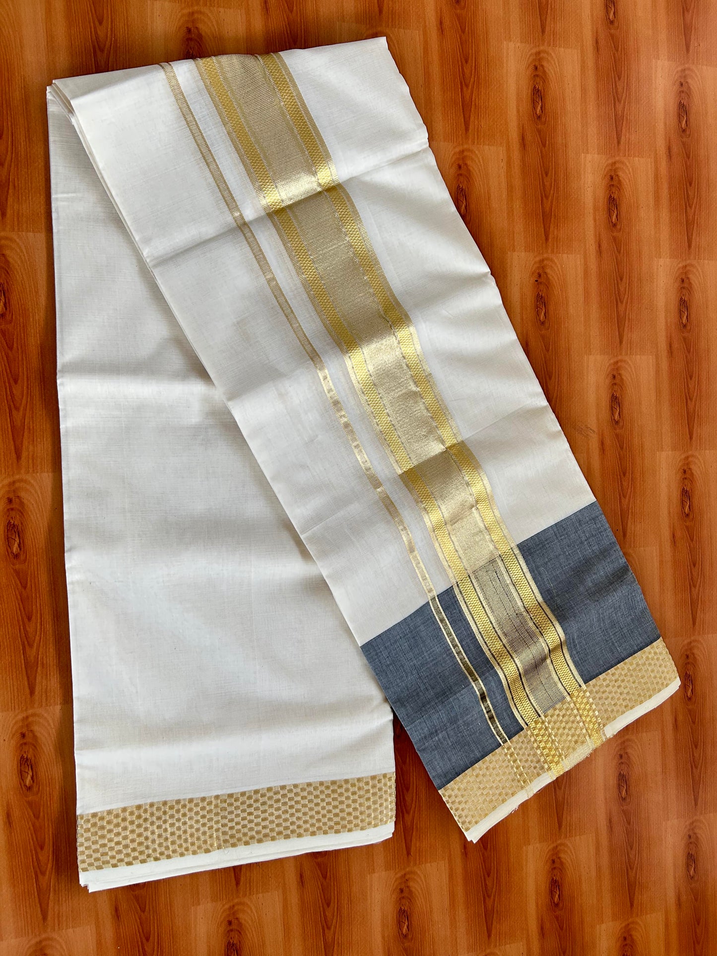 Double Mundu/Dhoti - Off White (Unbleached) - KaithariKada Handloom Unakkupaav - 25% Discount! Kerala Handloom - Pure Cotton - 100x80 - 2.5 inch Light Kasav Designer Kara with Ash Black One side Big Border -  6 KK5394 ABH