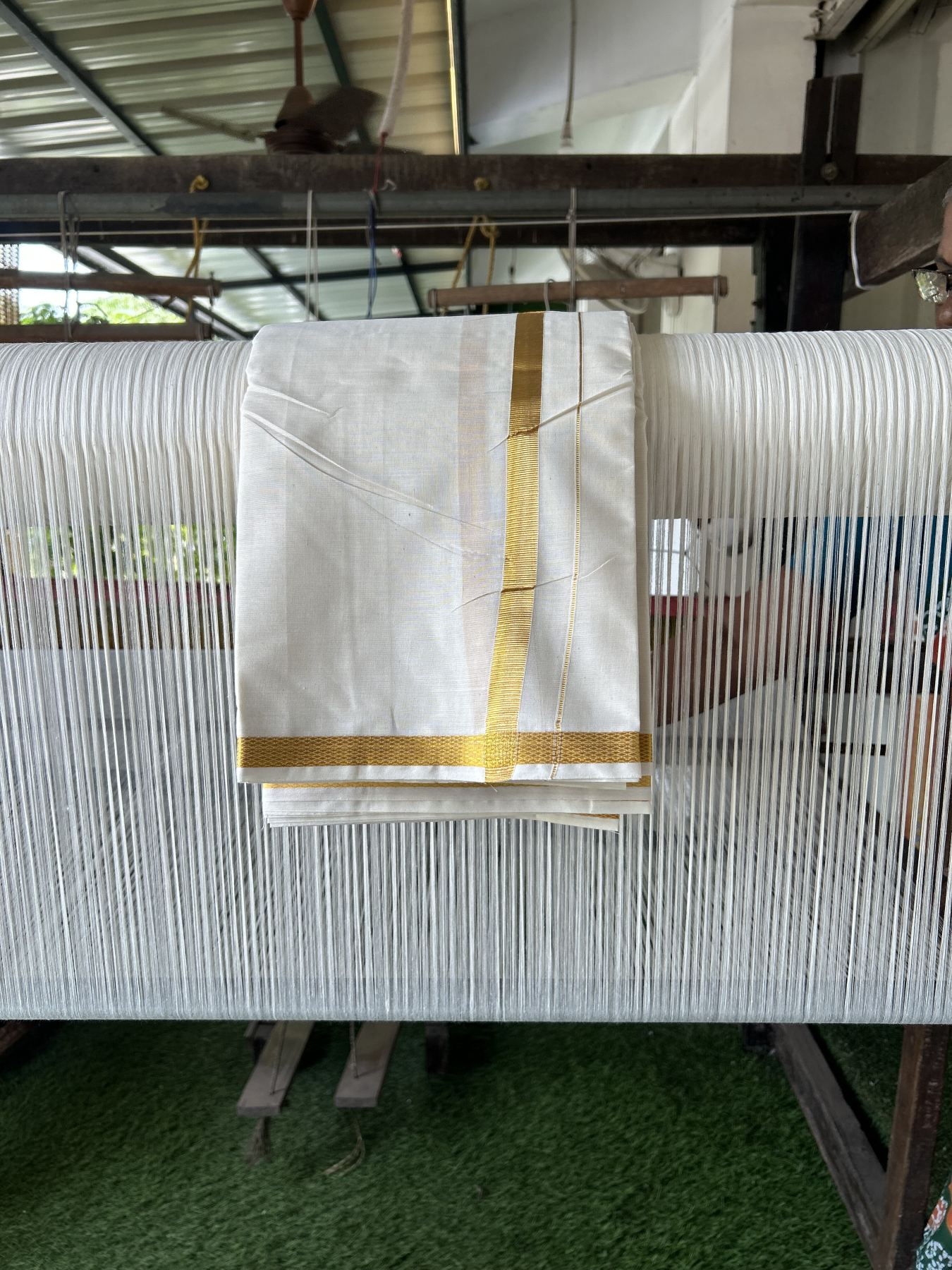 Panchakacham Dhoti - 20% Discount! Kaitharikada Balaramapuram Cotton Mix Off White - (Unbleached) 80X90 thread - North Iindian- Attached Gamcha - 9X5 Dhoti - 1 inch Gold Kasav border - 22 KK8305 PMC