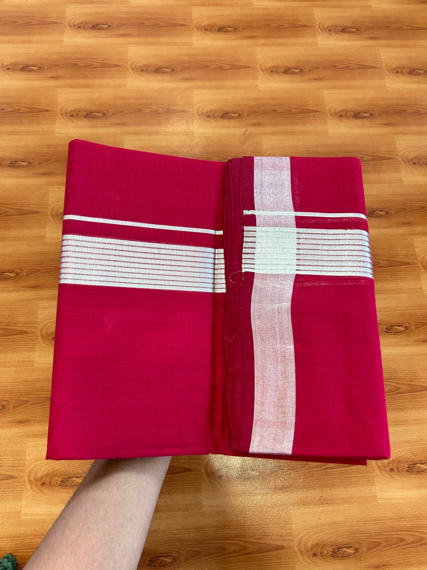 Double Mundu/Dhoti - KaithariKada Handloom Unakkupaav - 25% Discount! Kerala Handloom - Pure Cotton - 100x80 - Maroon Colour Body - 1.5 inch Silver Kasav Striped Kara - 3 KK5394 ABH