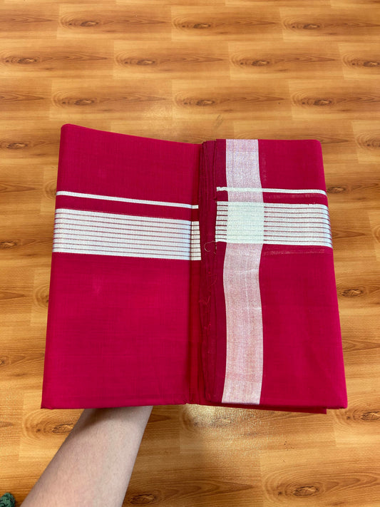 Double Mundu/Dhoti - KaithariKada Handloom Unakkupaav - 25% Discount! Kerala Handloom - Pure Cotton - 100x80 - Maroon Colour Body - 1.5 inch Silver Kasav Striped Kara - 3 KK5394 ABH