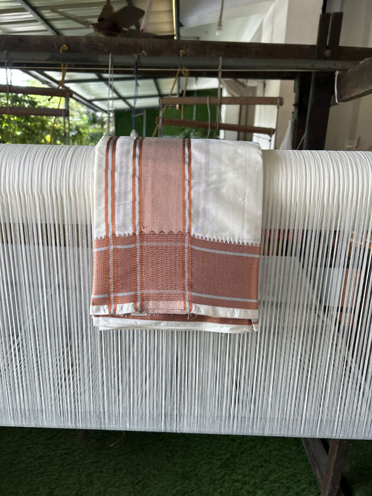 Panchakacham Dhoti - 20% Discount! Kaitharikada Balaramapuram Cotton Mix - Off White - (Unbleached) 80X90 thread - North Iindian- Attached Gamcha - 9x5 Dhoti - 3.25 inch Silver & Copper kasav shaded kara - 34 KK8305 PMC
