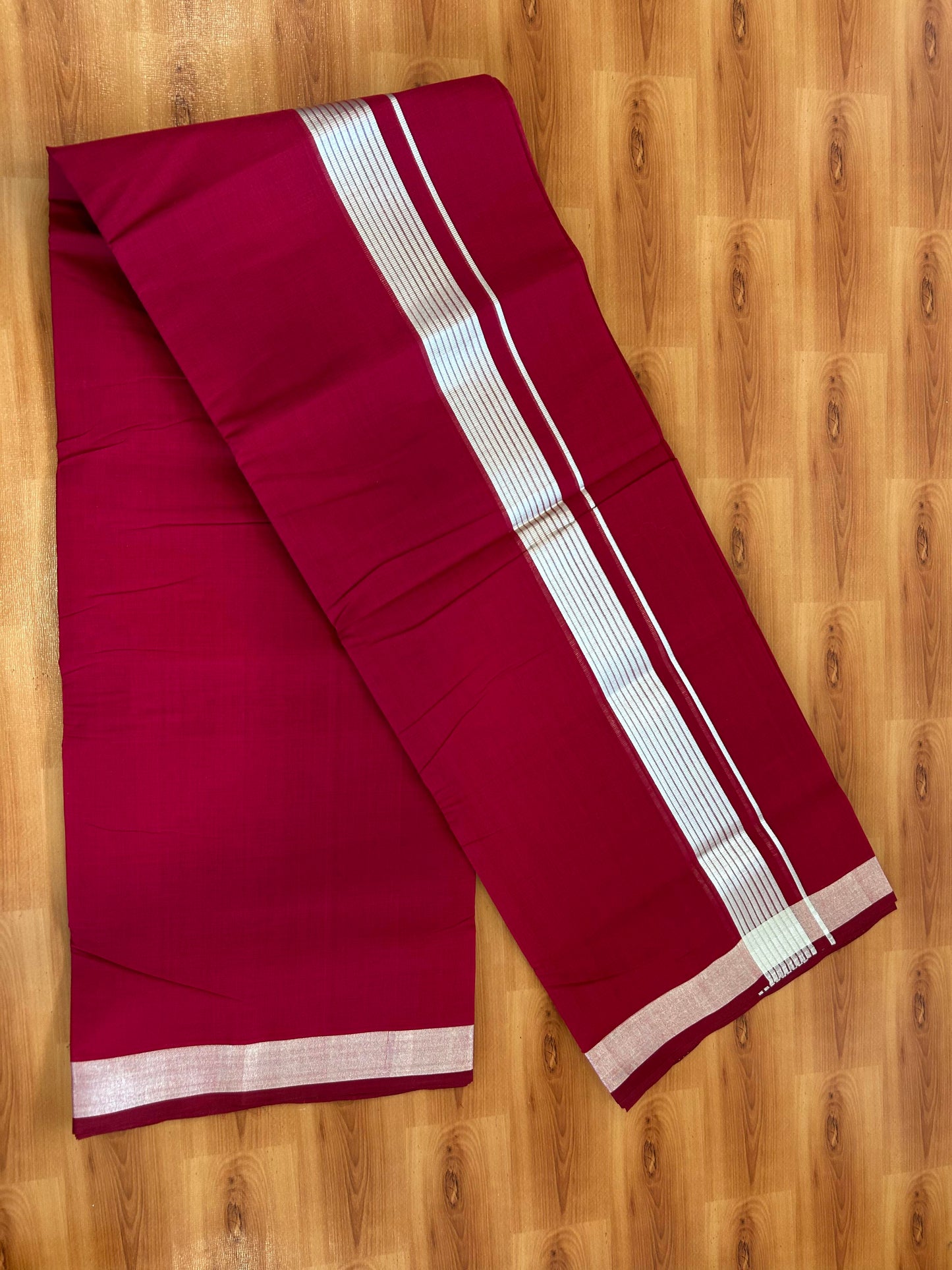 Double Mundu/Dhoti - KaithariKada Handloom Unakkupaav - 25% Discount! Kerala Handloom - Pure Cotton - 100x80 - Maroon Colour Body - 1.5 inch Silver Kasav Striped Kara - 3 KK5394 ABH