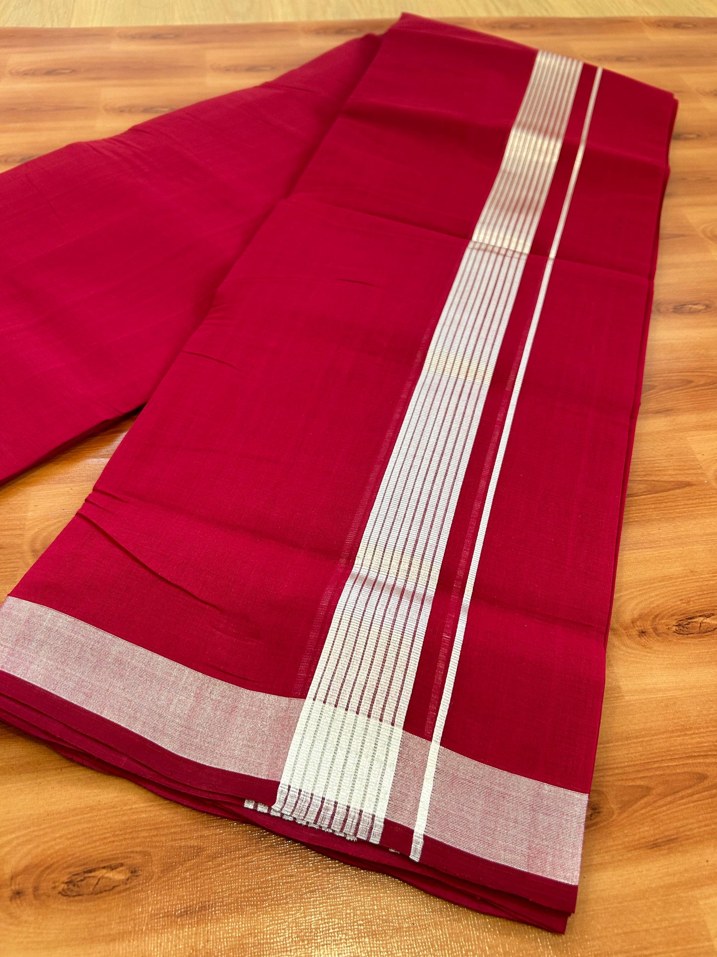 Double Mundu/Dhoti - KaithariKada Handloom Unakkupaav - 25% Discount! Kerala Handloom - Pure Cotton - 100x80 - Maroon Colour Body - 1.5 inch Silver Kasav Striped Kara - 3 KK5394 ABH
