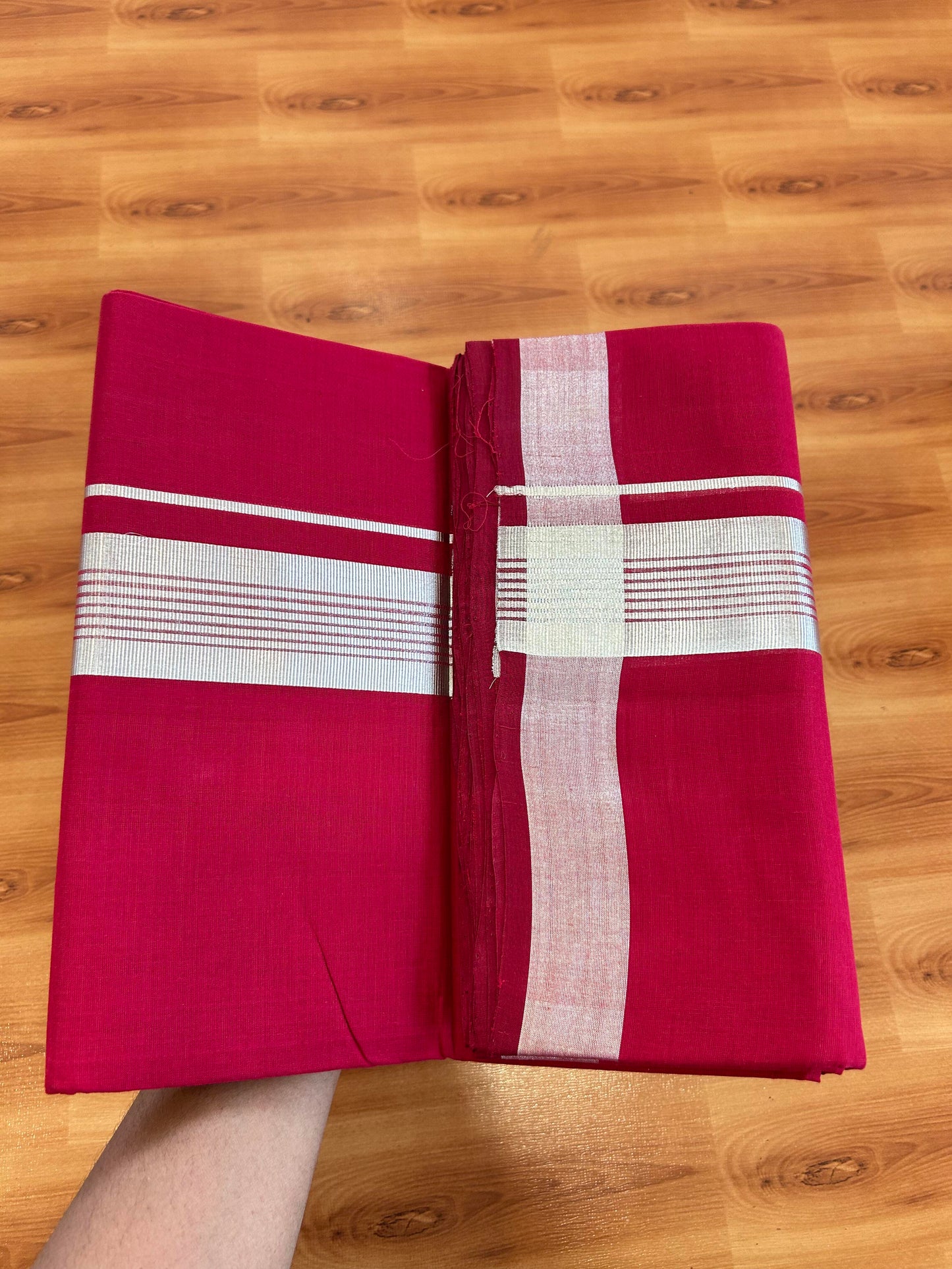Double Mundu/Dhoti - KaithariKada Handloom Unakkupaav - 25% Discount! Kerala Handloom - Pure Cotton - 100x80 - Maroon Colour Body - 1.75 inch Silver Kasav Striped Kara - 4 KK5394 ABH