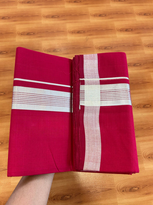 Double Mundu/Dhoti - KaithariKada Handloom Unakkupaav - 25% Discount! Kerala Handloom - Pure Cotton - 100x80 - Maroon Colour Body - 1.75 inch Silver Kasav Striped Kara - 4 KK5394 ABH