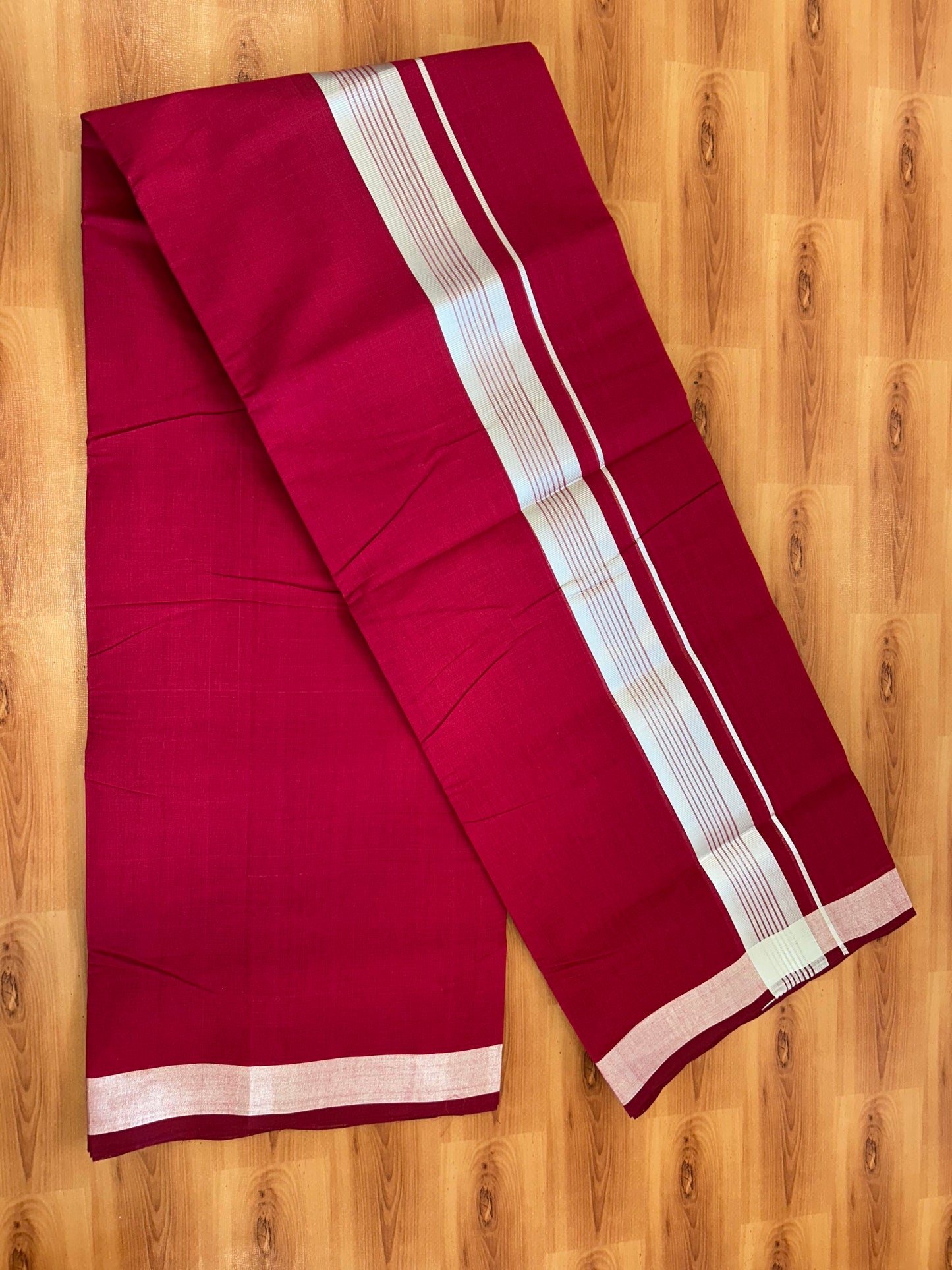 Double Mundu/Dhoti - KaithariKada Handloom Unakkupaav - 25% Discount! Kerala Handloom - Pure Cotton - 100x80 - Maroon Colour Body - 1.75 inch Silver Kasav Striped Kara - 4 KK5394 ABH