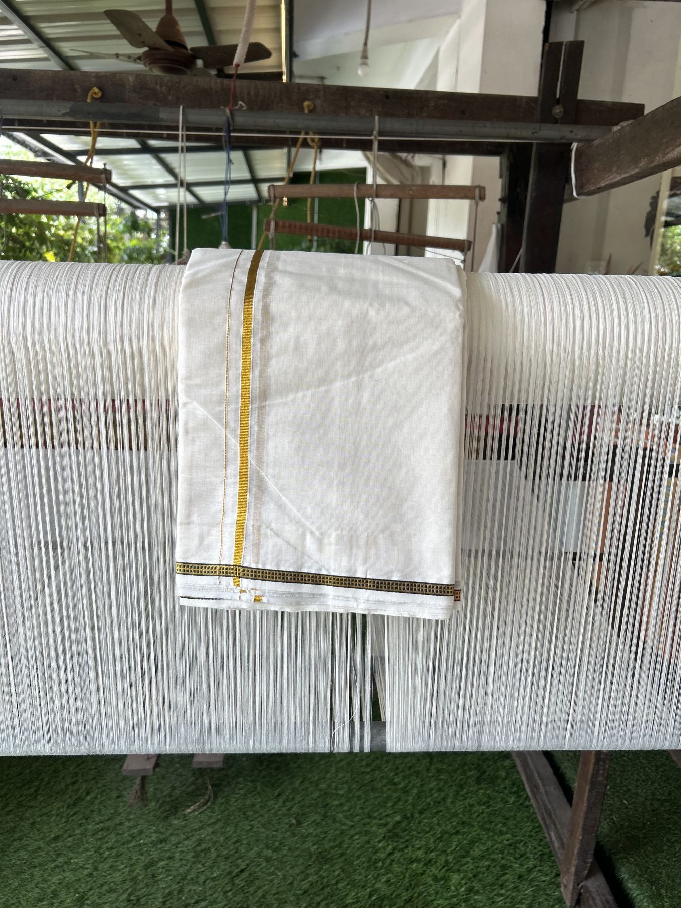 Panchakacham Dhoti - 20% Discount! Kaitharikada Balaramapuram Cotton Mix - Off White - (Unbleached) 80X90 thread - North Iindian- Attached Gamcha - 9x5 Dhoti - 0.5 inch Gold Kasav kara - 32 KK8305 PMC