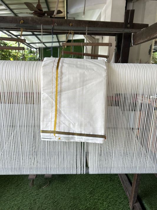Panchakacham Dhoti - 20% Discount! Kaitharikada Balaramapuram Cotton Mix - Off White - (Unbleached) 80X90 thread - North Iindian- Attached Gamcha - 9x5 Dhoti - 0.5 inch Gold Kasav kara - 32 KK8305 PMC