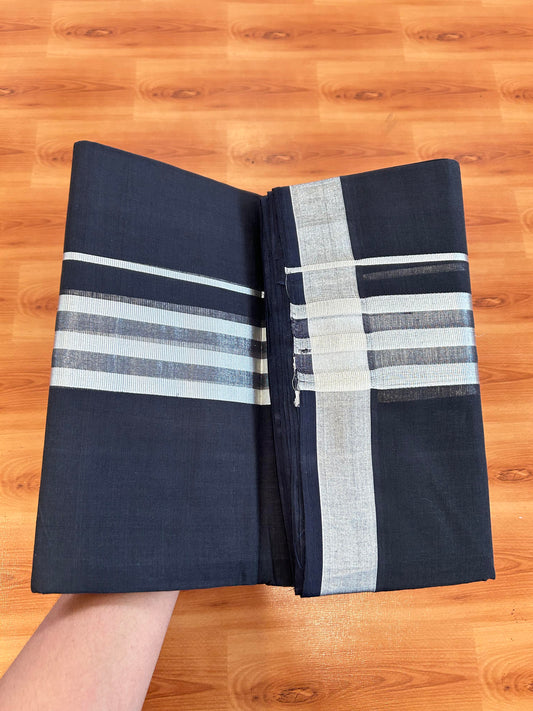 Double Mundu/Dhoti - KaithariKada Handloom Unakkupaav - 25% Discount! Kerala Handloom - Pure Cotton - 100x80 - Black Colour Body - 2 inch Silver Kasav Striped Kara - 1 KK5394 ABH