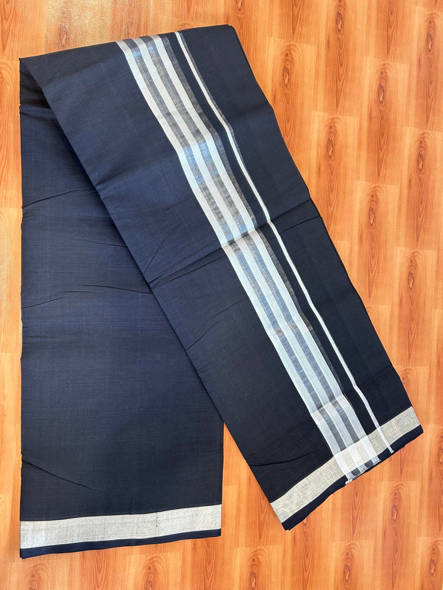 Double Mundu/Dhoti - KaithariKada Handloom Unakkupaav - 25% Discount! Kerala Handloom - Pure Cotton - 100x80 - Black Colour Body - 2 inch Silver Kasav Striped Kara - 1 KK5394 ABH
