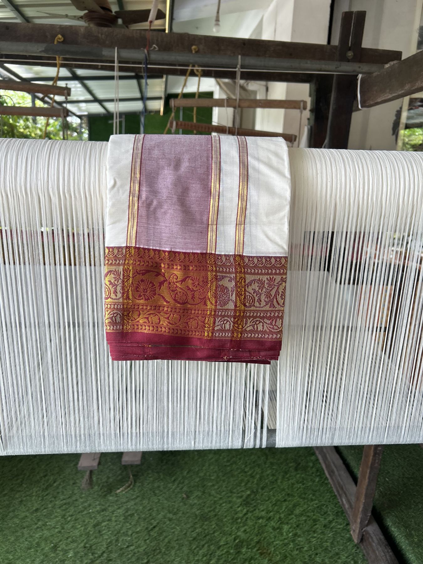 Panchakacham Dhoti - 20% Discount! Kaitharikada Balaramapuram Cotton Mix - Off White - (Unbleached) 80X90 thread - North Iindian- Attached Gamcha - 9x5 Dhoti - 4.25 inch Gold kasav Maroon shaded kara - 35 KK8305 PMC