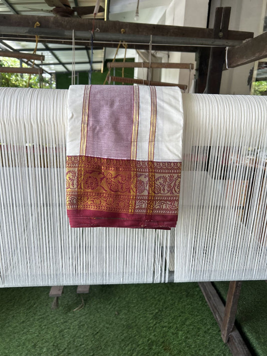 Panchakacham Dhoti - 20% Discount! Kaitharikada Balaramapuram Cotton Mix - Off White - (Unbleached) 80X90 thread - North Iindian- Attached Gamcha - 9x5 Dhoti - 4.25 inch Gold kasav Maroon shaded kara - 35 KK8305 PMC