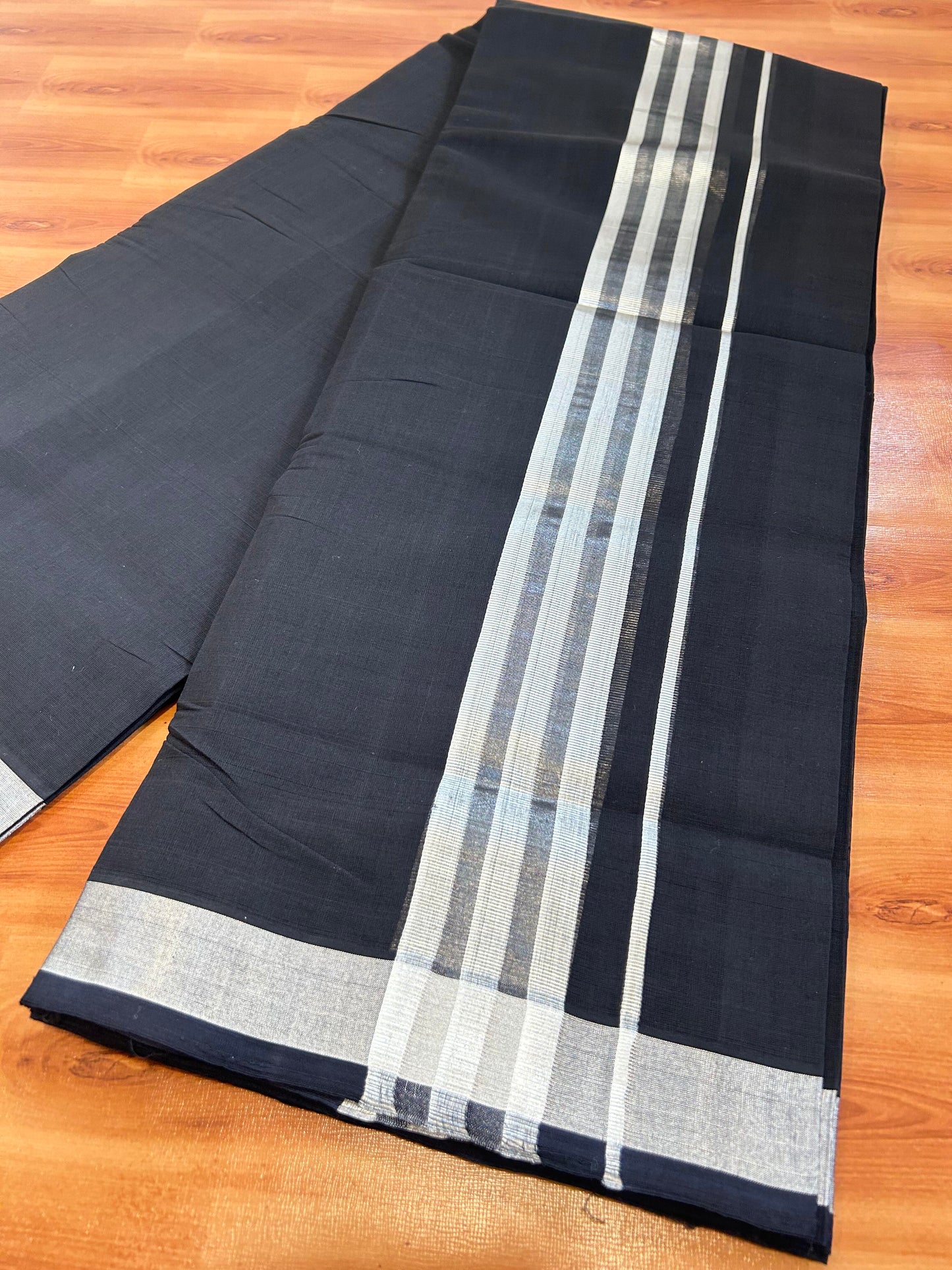 Double Mundu/Dhoti - KaithariKada Handloom Unakkupaav - 25% Discount! Kerala Handloom - Pure Cotton - 100x80 - Black Colour Body - 2 inch Silver Kasav Striped Kara - 1 KK5394 ABH