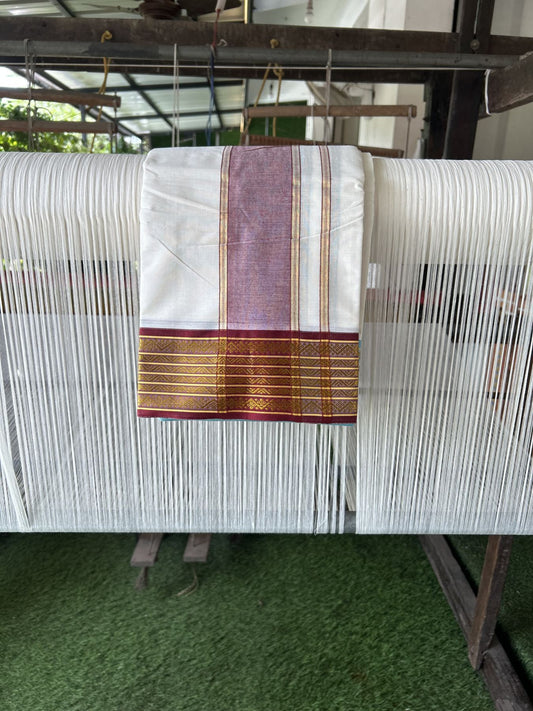 Panchakacham Dhoti - 20% Discount! Kaitharikada Balaramapuram Cotton Mix - Off White - (Unbleached) 80X90 thread - North indian - Attached Gamcha - 9x5 Dhoti - 3.25 inch Gold Kasav Maroon shaded kara - 39 KK8305 PMC