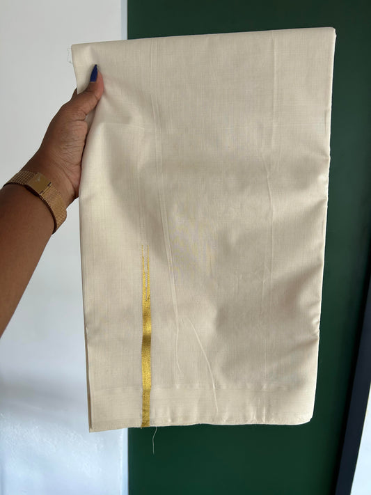 Double Mundu/Dhoti - Off White (Unbleached) - Exclusive Pure Jerry - KaithariKada Handloom Unakkupaav - 25% Discount! Kerala Handloom - Pure Cotton - 100x80 - 1 cm Pure Jerry Kasav Chutty -  9 KK5394 ABH