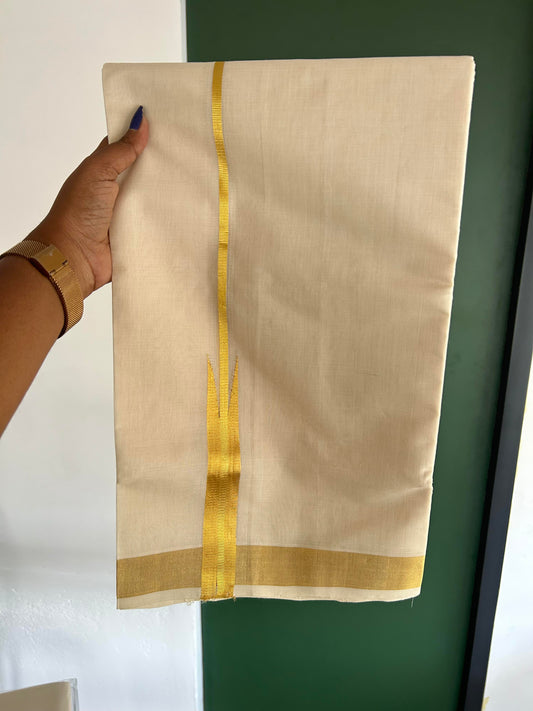 Double Mundu/Dhoti - Off White (Unbleached) - KaithariKada Handloom Unakkupaav - 25% Discount! Kerala Handloom - Pure Cotton - 100x80 - 1 inch Kasav Puliyilakkara Chutty -  8 KK5394 ABH