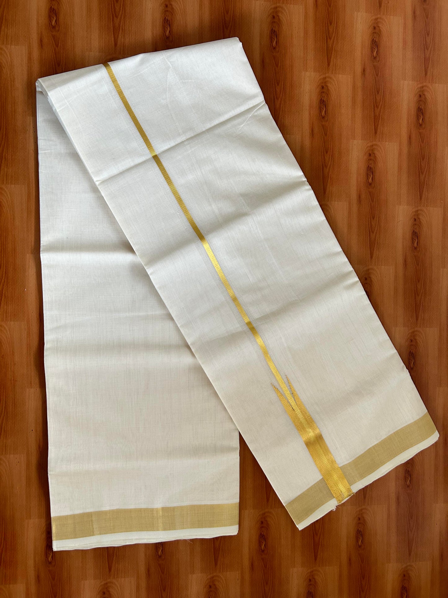 Double Mundu/Dhoti - Off White (Unbleached) - KaithariKada Handloom Unakkupaav - 25% Discount! Kerala Handloom - Pure Cotton - 100x80 - 1 inch Kasav Puliyilakkara Chutty -  8 KK5394 ABH