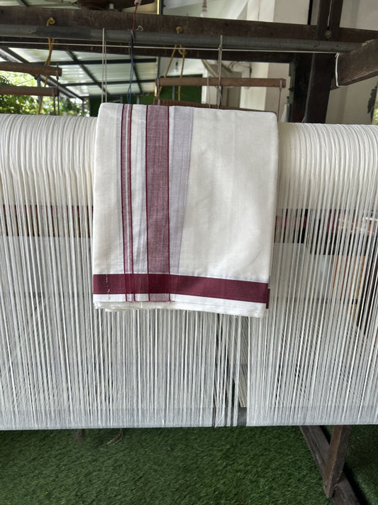 Panchakacham Dhoti - 20% Discount! Kaitharikada Balaramapuram Cotton Mix - Off White - (Unbleached) 80X90 thread - North Iindian- Attached Gamcha - 9x5 Dhoti - 1 inch Maroon shaded kara - 38 KK8305 PMC
