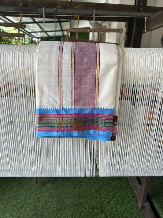 Panchakacham Dhoti - 20% Discount! Kaitharikada Balaramapuram Cotton Mix - Off White - (Unbleached) 80X90 thread - North Iindian- Attached Gamcha - 9x5 Dhoti - 3.25 inch Maroon & Light Blue shaded kara - 23 KK8305 PMC