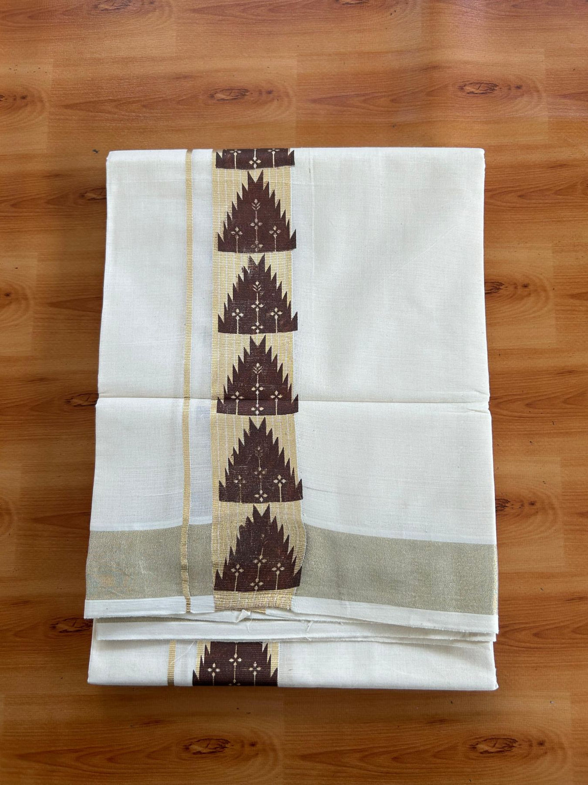 Double Off White (Unbleached) Mundu/Dhoti - 20% Discount! KaithariKada Pulimood 100% Cotton 80x72 - 2 inch Brown, Gold Kasav & Silver Kasav Temple Design Kara - 4 mtr (8.5 muzham) - 63 KK5553 STH