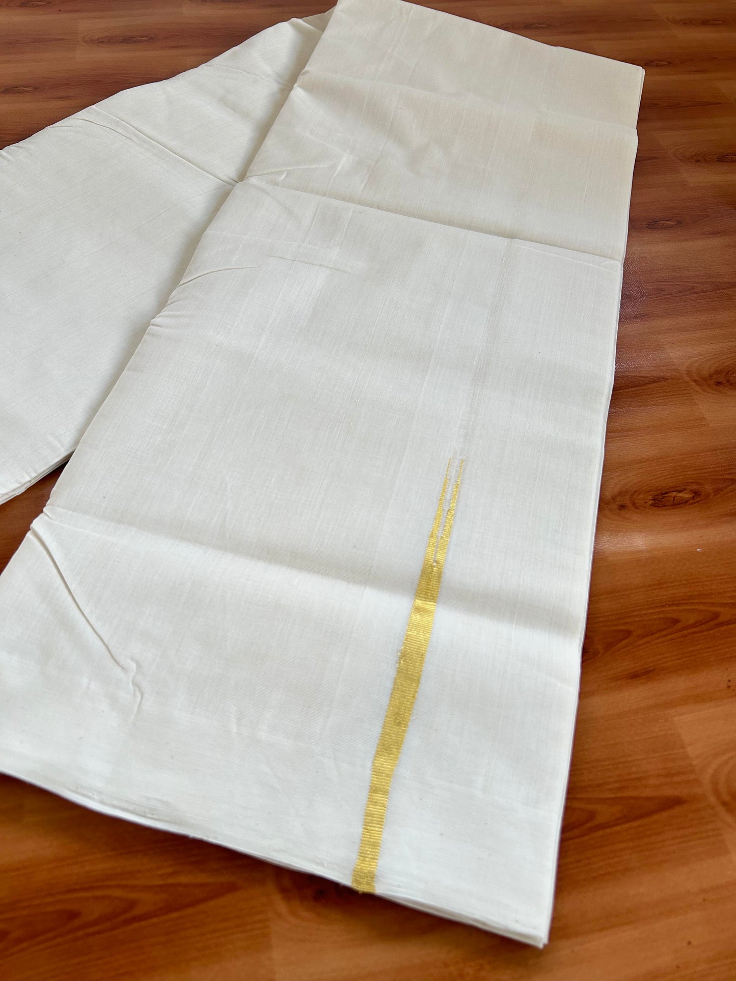 Double Mundu/Dhoti - Off White (Unbleached) - Exclusive Pure Jerry - KaithariKada Handloom Unakkupaav - 25% Discount! Kerala Handloom - Pure Cotton - 100x80 - 1 cm Pure Jerry Kasav Chutty -  9 KK5394 ABH