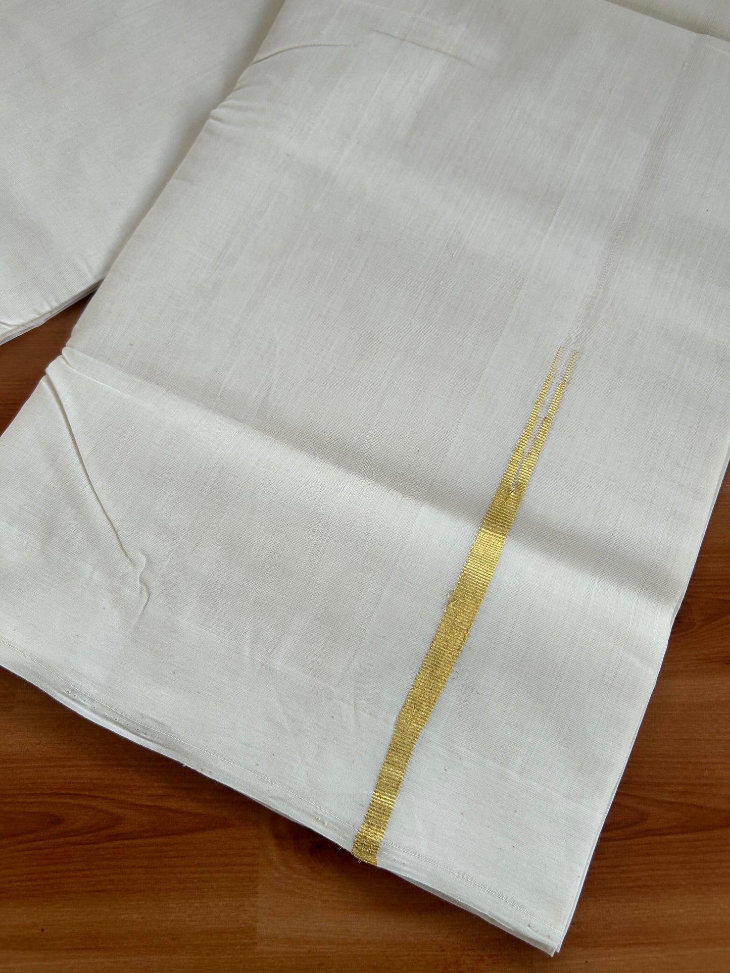 Double Mundu/Dhoti - Off White (Unbleached) - Exclusive Pure Jerry - KaithariKada Handloom Unakkupaav - 25% Discount! Kerala Handloom - Pure Cotton - 100x80 - 1 cm Pure Jerry Kasav Chutty -  9 KK5394 ABH