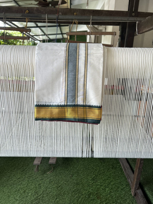 Panchakacham Dhoti - 20% Discount! Kaitharikada Balaramapuram Cotton Mix - Off White - (Unbleached) 80X90 thread - North Iindian- Attached Gamcha - 9x5 Dhoti - 1.75 inch Yellow & Green shaded kara - 36 KK8305 PMC