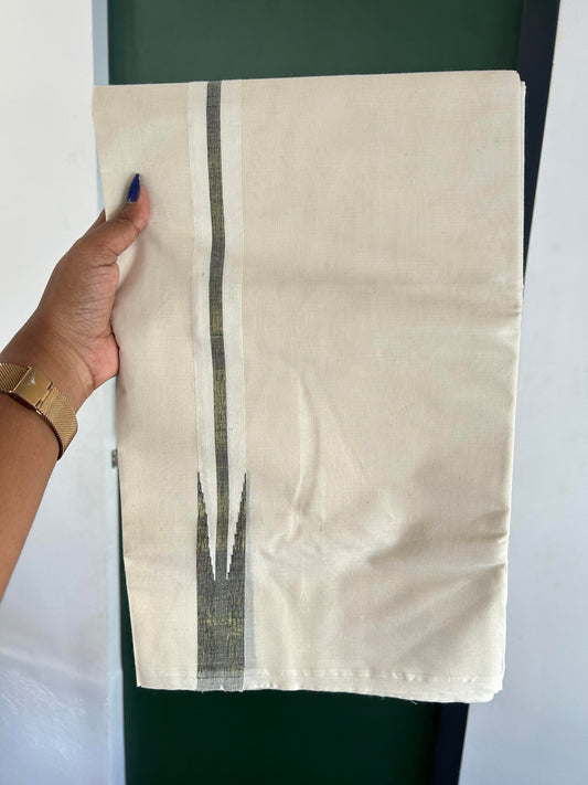 Double Off white Mundu/Dhoti - 20% Discount! KaithariKada Balaramapuram 100% Cotton - 100x100 - 1.25 inch Puliyilakkara Gold Kasav & Black Shaded Chutty Kara 4 mtr (8.5 muzham) - 14 KK5392 ASH
