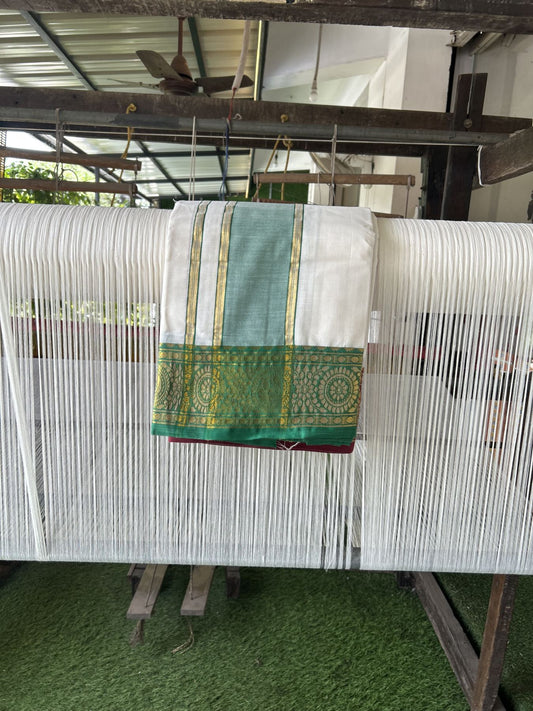Panchakacham Dhoti - 20% Discount! Kaitharikada Balaramapuram Cotton Mix - Off White - (Unbleached) 80X90 thread - North Iindian- Attached Gamcha - 9x5 Dhoti - 4 inch Gold kasav Maroon & Green kara - 20 KK8305 PMC