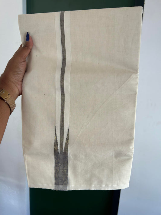 Double Off white Mundu/Dhoti - 20% Discount! KaithariKada Balaramapuram 100% Cotton - 100x100 - 1.25 inch Puliyilakkara Gold Kasav & Violet Shaded Chutty Kara 4 mtr (8.5 muzham) - 13 KK5392 ASH