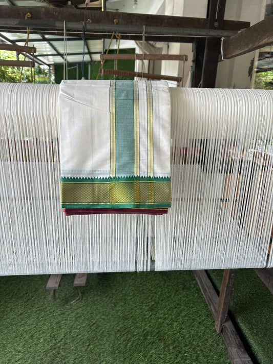 Panchakacham Dhoti - 20% Discount! Kaitharikada Balaramapuram Cotton Mix - Off White - (Unbleached) 80X90 thread - North Iindian- Attached Gamcha - 9x5 Dhoti - 2.5 inch Gold kasav & Green kara - 59 KK8305 PMC