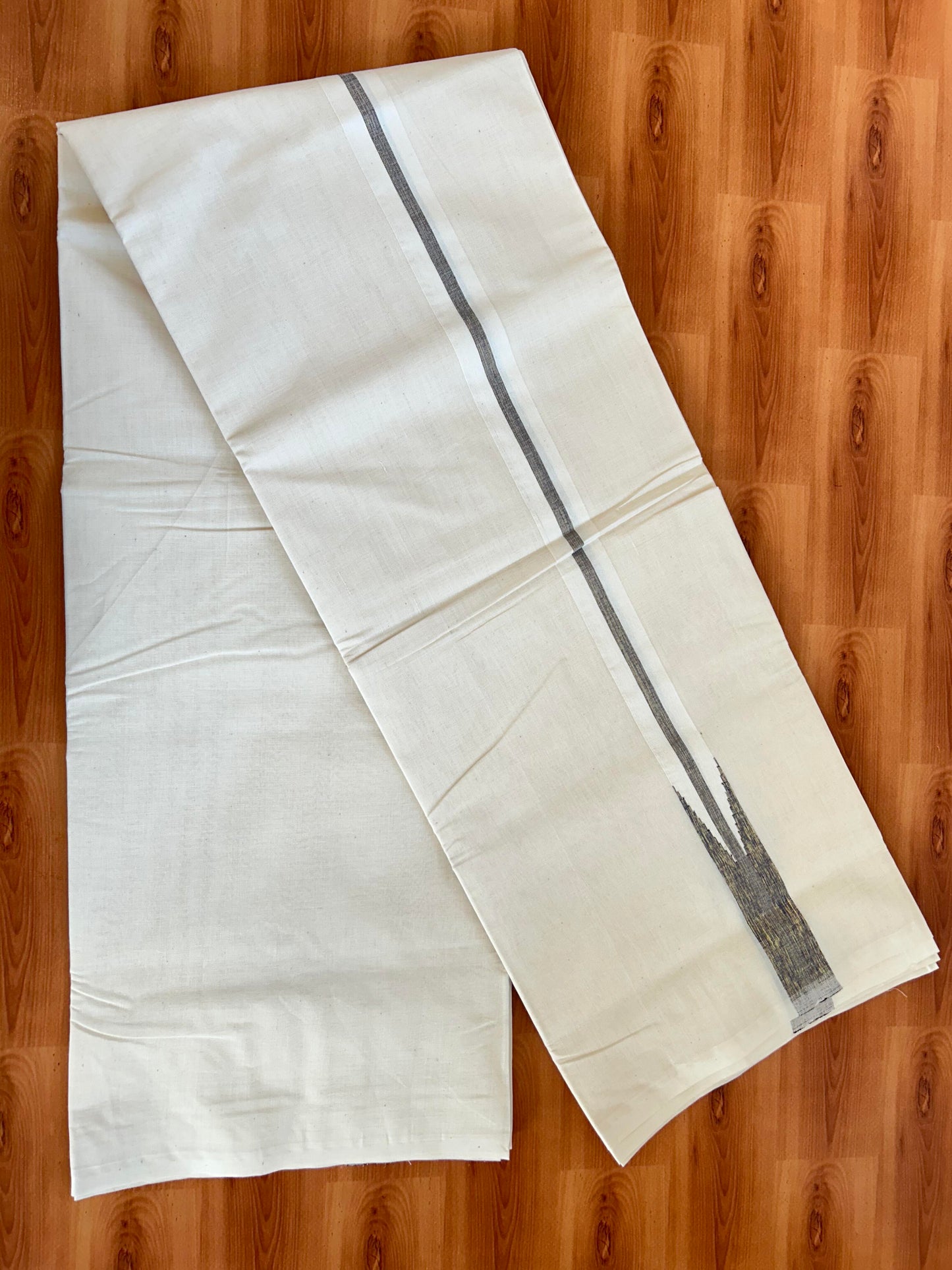 Double Off white Mundu/Dhoti - 20% Discount! KaithariKada Balaramapuram 100% Cotton - 100x100 - 1.25 inch Puliyilakkara Gold Kasav & Violet Shaded Chutty Kara 4 mtr (8.5 muzham) - 13 KK5392 ASH
