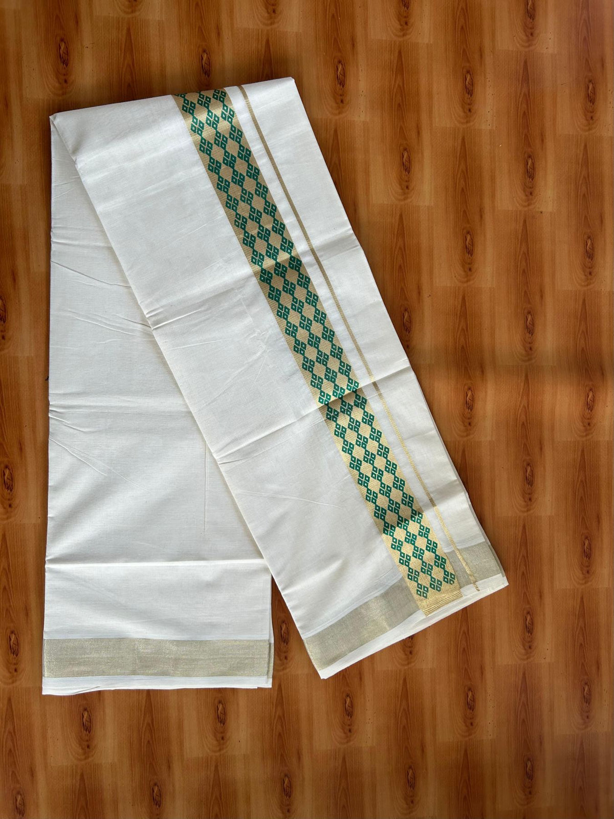 Double Off White (Unbleached) Mundu/Dhoti - 20% Discount! KaithariKada Pulimood 100% Cotton 80x72 - 2 inch Green & Gold Kasav Design Kara - 4 mtr (8.5 muzham) - 66 KK5553 STH