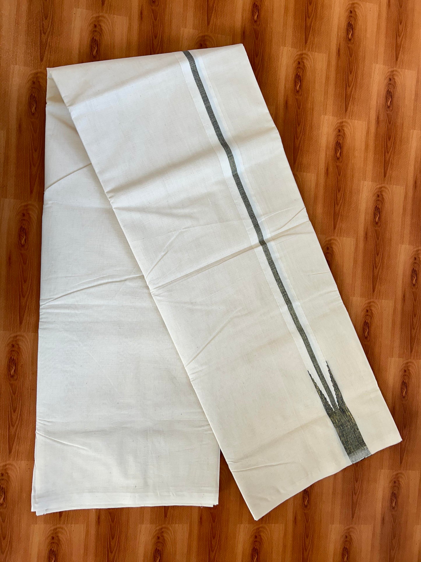 Double Off white Mundu/Dhoti - 20% Discount! KaithariKada Balaramapuram 100% Cotton - 100x100 - 1.25 inch Puliyilakkara Gold Kasav & Black Shaded Chutty Kara 4 mtr (8.5 muzham) - 14 KK5392 ASH