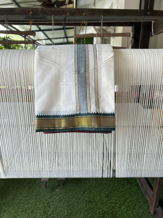 Panchakacham Dhoti - 20% Discount! Kaitharikada Balaramapuram Cotton Mix - Off White - (Unbleached) 80X90 thread - North Iindian- Attached Gamcha - 9x5 Dhoti - 1.75 inch Gold kasav & Green kara - 58 KK8305 PMC