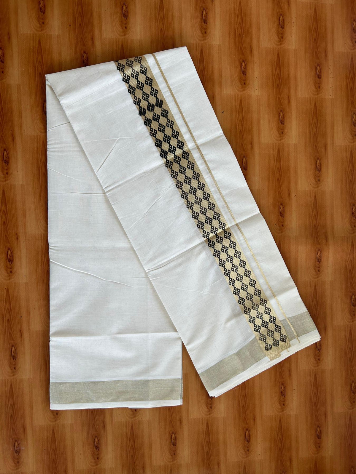 Double Off White (Unbleached) Mundu/Dhoti - 20% Discount! KaithariKada Pulimood 100% Cotton 80x72 - 2 inch Black & Gold Kasav Design Kara - 4 mtr (8.5 muzham) - 67 KK5553 STH