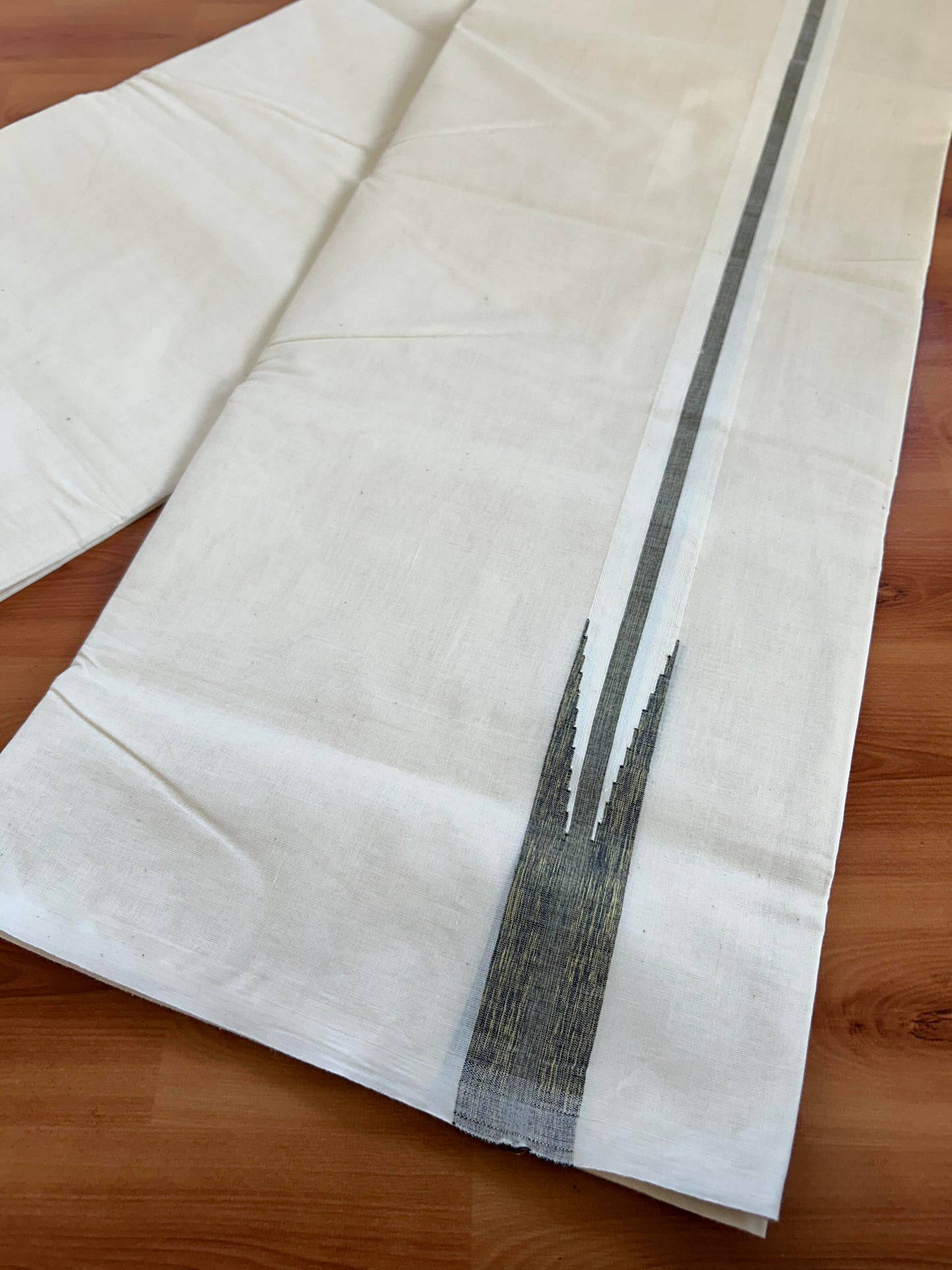 Double Off white Mundu/Dhoti - 20% Discount! KaithariKada Balaramapuram 100% Cotton - 100x100 - 1.25 inch Puliyilakkara Gold Kasav & Black Shaded Chutty Kara 4 mtr (8.5 muzham) - 14 KK5392 ASH