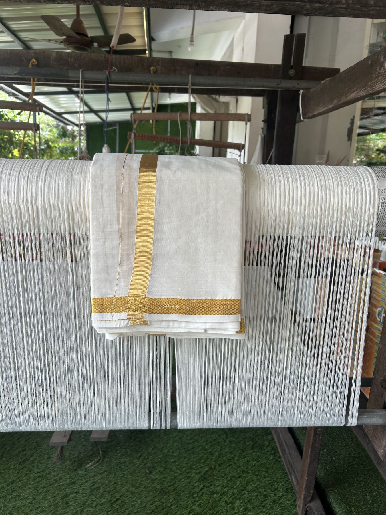 Panchakacham Dhoti - 20% Discount! Kaitharikada Balaramapuram Cotton Mix - Off White - (Unbleached) 80X90 thread - North Iindian- Attached Gamcha - 9x5 Dhoti - 1.25 inch Gold kasav kara - 57 KK8305 PMC